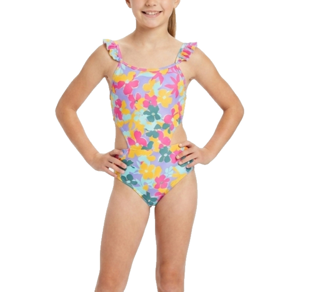 Breaking Waves Girls Sz 14 One Piece Swimsuit Floral Cutout UPF 50+ Monokini NWT